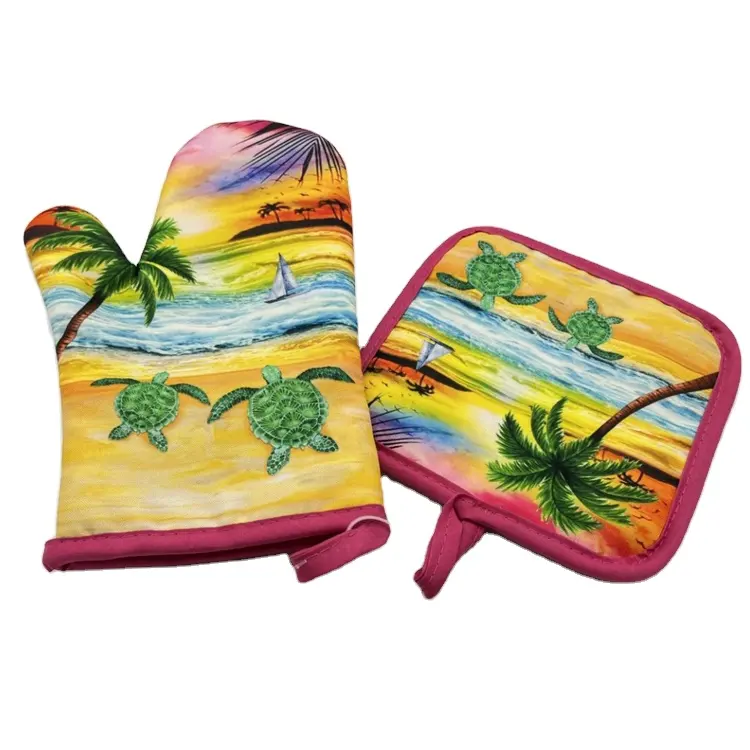 Wholesale kitchen oven mitts set turtle beach scenery cotton custom oven gloves