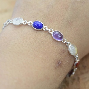 925 Sterling Silver Fine Chain & Link <b>Bracelet</b> with <b>Rainbow</b> Moonstone Rose Quartz Multi Gemstones - Product Image 2