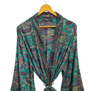 Ropa de salón Kimono de verano Hasta el tobillo Bata de seda Bata multicolor Ropa de noche Bata India Vintage Seda reciclada Sari Kimono, - Product Image 1