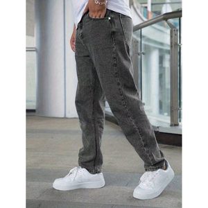 Jean droit moderne tendance pour homme, taille haute, couleur anthracite, été, écologique, léger, respirant, style vintage, coupe ample, mode urbaine - Product Image 2