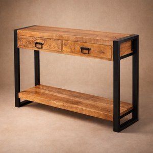 Handmade Solid Mango Wood <b>Console</b> <b>Table</b> | Industrial Black Metal Frame | Antique Design Entryway <b>Storage</b> <b>Table</b> Living Furniture - Product Image 1