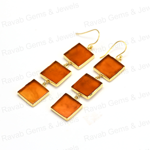 Best Quality Solid 925 <b>Sterling</b> <b>Silver</b> 10mm Natural Carnelian Square Flat Smooth 18k Gold Plated Dangle Drop <b>Earring</b> for <b>Women</b> - Product Image 1