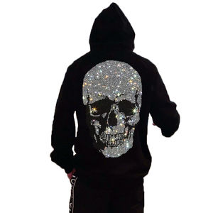 Fabricante de ropa Personalizar Unisex Calavera Estampado de diamantes de imitación Cremallera Sudadera con capucha Streetwear Peso pesado 500gsm Hombres Cremallera con capucha - Product Image 2