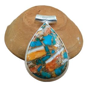 Pendentif en forme de larme en argent sterling 925 avec mosaïque de nacre et de turquoise, bijoux faits à la main - Product Image 1