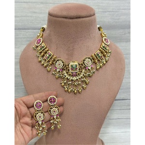 Belle meilleure qualité plaqué or Fine Kundan Polki Rajwadi collier ensemble indien mariage fête porter Collection bijoux pour les femmes - Product Image 1