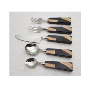 Ensemble de couverts de luxe de style portugais pour restaurant, 5 pièces, finition mate, avec manche en bois/résine, pour mariage, en acier inoxydable - Product Image 1