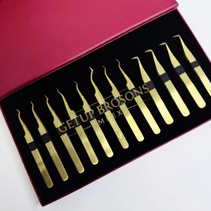 Pince à épiler pour cils GETUP BROSONS IMPEX 90/curve/isolation en acier inoxydable doré, pointe lisse, poignée diamantée, haute qualité - Product Image 1