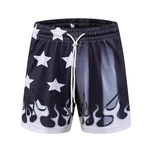 Pantalones cortos de baloncesto para hombre Flame Graphic Print, Casual Workout Athletic Mesh Running Short Pants Star Flame Black Grey - Product Image 6