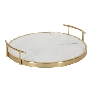 White Marble Serving Tray Gold Platted Handle Round Marble Base with Metal Gold Handle Tray for Serving Food and <b>Sweets</b> Tray - Product Image 4