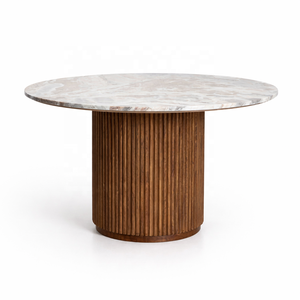 SORA Mango Wood <b>Dining</b> <b>Table</b> Marble <b>Top</b> | Japandi Round <b>Dining</b> <b>Table</b> Living Room Furniture Ribbed Base Luxury Design - Product Image 3