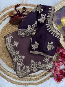 Saree tradicional artesanal de diseñador en marrón con hilo de trabajo longitud Midi para fiestas de Diwali bodas indias al por mayor listo - Product Image 5