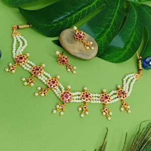 Indian Jewelry Cubic Zirconia CZ Crystal Faux Pearl Choker Necklace <b>Earrings</b> Set for Women - Product Image 2