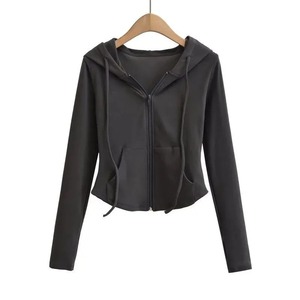 Manga larga Streetwear Bolsillos con capucha Sudadera Deportes Sudaderas con capucha de manga larga Mujer Otoño Cremallera delgada Abrigo recortado - Product Image 3