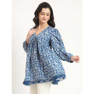 Divena bleu coton col en v haut dames bohème décontracté Satin soie lin longues Options courtes à volants nœud automne printemps Vintage Logo - Product Image 5