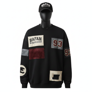 Sudadera Extra Grande para Hombre, Algodón, Poliéster, Felpa, Color Negro, Paneles en Bloques de Color, Apliques, Parches, Logotipo Personalizado, Básica - Product Image 1