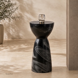 Natural <b>Black</b> Marble Hourglass <b>Side</b> <b>Table</b> Polished <b>Round</b> Accent Stool for Hotel Living Room Decor - Product Image 3