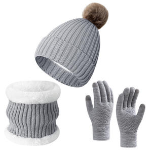 Ensemble trois pièces pour homme et femme, écharpe, gants et bonnet en laine tricotée, doublure en polaire thermique, épaissi pour l'hiver - Product Image 1