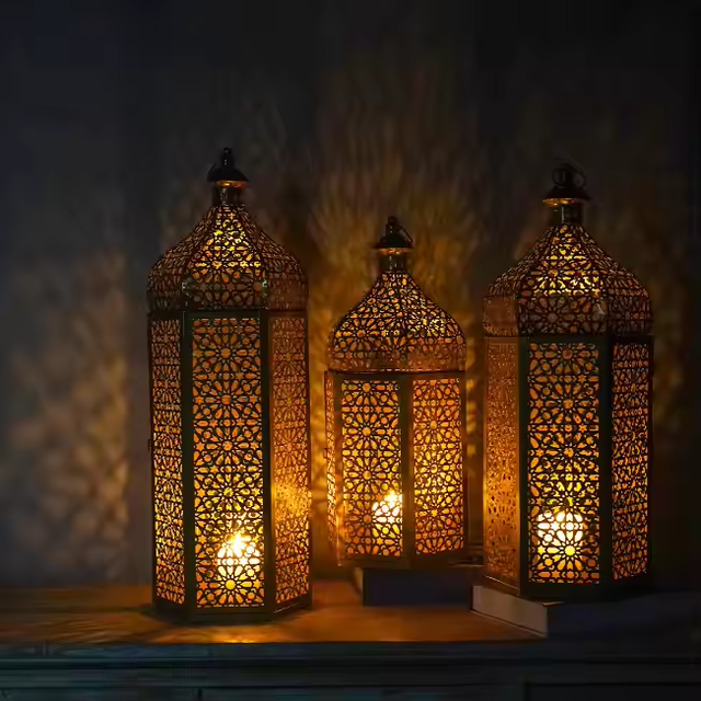 Modern Handmade High Quality LED Light Moroccan Retro Metal Candle Lantern Muslim Eid Ramadan Mubarak Customized Party