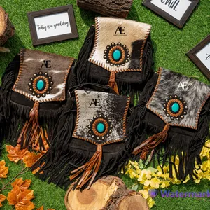 New Western Style Hair On Hide Fur Suede Leather Fringe Bag High Quality Boho Women Leather Shoulder Bag With Turquoise Stone