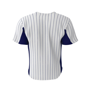 Maillot de baseball personnalisé blanc et bleu marine à rayures, imprimé par sublimation, respirant, manches courtes, unisexe, adulte, coupe classique, boutons sur le devant - Product Image 2