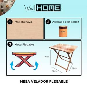 WELL HOME Mesa Auxiliar Plegable de Madera de Haya Barnizada 70x70x76 cm Mesita de Noche - Product Image 2