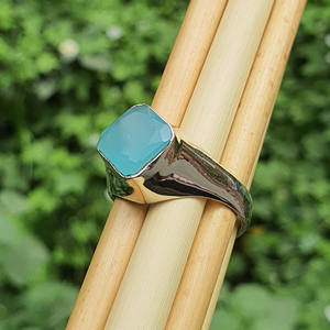 Bague de fiançailles de mariage classique en argent sterling 925 avec calcédoine bleue de taille carrée pour homme, cadeau en vrac en plaqué or - Product Image 4