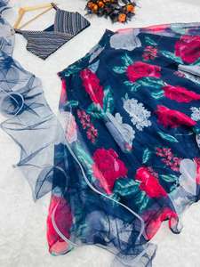 Más hermoso de la India Étnico Floral Impreso Lehenga Organza Net Party Wear Boda Choli Secuencia Cording Bordado Trabajo - Product Image 3