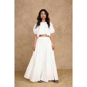 Women's White Two-Piece Skirt Set Puff Sleeve <b>Crop</b> <b>Top</b> Flared Floor-Length Skirt Natural Waist Solid Color Summer Co-Ord Outfit - Product Image 1