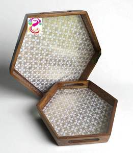 Plateau de service en bois inspiré de l'Inde pour salle à manger cuisine salon boissons vaisselle décor à la maison usage alimentaire - Product Image 1