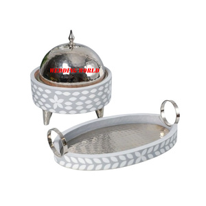 <b>Set</b> of Three Metal Etching Design Hotpot Double Wall Tabletop Casserole Round Shape Luxury New Metal Food Warmer - Product Image 3