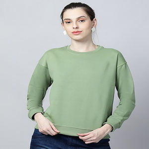 Sweat vert uni pour femme avec col rond manches longues personnalisable décontracté vêtements d'hiver imprimé logo en tissu tricoté sur le devant - Product Image 5