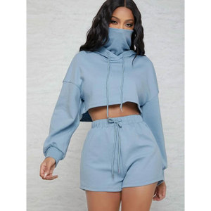Women's Custom Logo 2-Piece Sportswear Set New Design <b>High</b> Waist Crop Top Shorts Pullover Hoodie Solid Streetwear Full Sleeves - Product Image 1