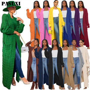 PASUXI Automne <span class=keywords><strong>Long</strong></span> <span class=keywords><strong>Cardigan</strong></span> <span class=keywords><strong>Femme</strong></span> Col en V avec Poches, Manteau Pull Tricoté Torsadé pour Femmes - Product Image 2