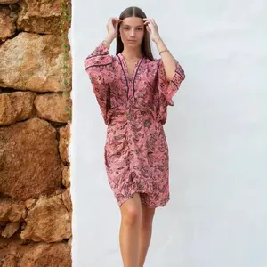 Kimono Style Midi Dress in Hot Pink and Black Print Summer Casual Dress Dresses Clothing For Woman