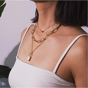 Alloy Gold Plated Lock <b>Pendant</b> Necklace Trendy Cross and Heart Shape with Diamond <b>Emerald</b> and Pearl Main Stones for Parties - Product Image 1