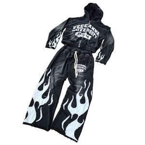 OEM Custom Man <b>Embroidery</b> Applique Distressed Zip up Acid Wash Sweatpants and Hoodies <b>Sets</b> Flared Tracksuits for Men - Product Image 2