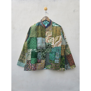 Handmade Vintage Women's Quilted <b>Green</b> <b>Silk</b> Patchwork Jacket Breathable Finished Winter Comfortable Durable Unique Pattern - Product Image 1