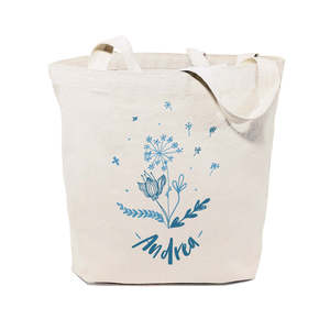 Sac fourre-tout personnalisé en toile de coton bleu à motifs floraux avec fermeture éclair, broderie et décoration de lettres pour toutes les saisons - Product Image 1
