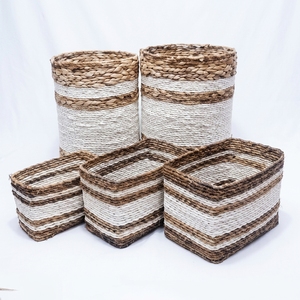 Natural Banana Bark Recycled <b>Plastic</b> <b>Basket</b> Set White Stripe Cylinder Rectangular Pot Bin Planter Pure Art Setup Room Decor Art - Product Image 1