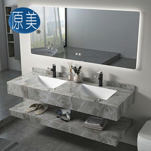 Lavabos dobles de 1400mm, losa de mármol brillante de lujo, lavabo sin costuras, tocador, estilo moderno, juego de armario de baño de piedra sinterizada con espejo - Product Image 6