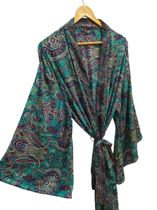 Ropa de salón Kimono de verano Hasta el tobillo Bata de seda Bata multicolor Ropa de noche Bata India Vintage Seda reciclada Sari Kimono, - Product Image 3