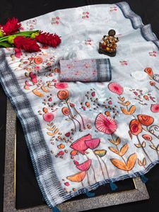 Saris en coton lin de qualité supérieure et riche, imprimés numériquement - Product Image 2