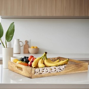 Bandeja de mesa de centro de madera de mango macizo tallada a mano Flourish, bandeja de madera grande tallada a mano, bandeja de madera decorativa para hoteles y restaurantes - Product Image 4