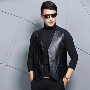 Chaleco de invierno para hombre, de cuero genuino y lona, impermeable, con cuello en V, informal, sin mangas, de piel de oveja auténtica - Product Image 4