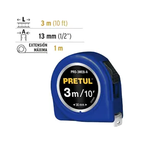 Ruban à mesurer en acier Pretul 3M avec enroulement automatique et verrouillage par bouton-poussoir, boîtier bleu haute visibilité, mesure métrique, auto-enrouleur - Product Image 4