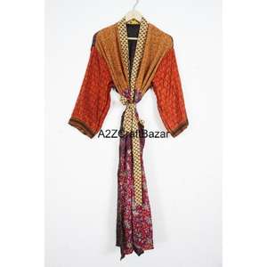 Vintage Bohemian Patchwork <b>Silk</b> <b>Kimono</b> Women Summer Hippie Style V Neck Drawstring Full Length Breathable Quick Dry Sleepwear - Product Image 1