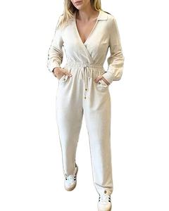 Monos casuales para mujer con cuello en V, manga larga, cintura con cordón y bolsillos laterales - Product Image 1