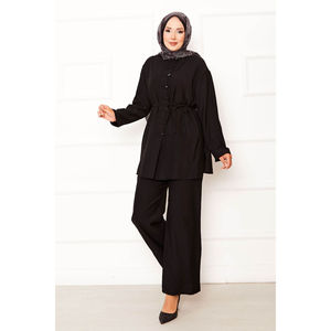 Conjunto de Dos Piezas Negro con Detalle Británico, Cintura Ajustable con Cordón Desmontable, Decoración con Botones, Tallas Grandes - Product Image 3