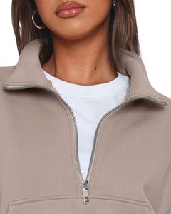Beige Half Zip Crop Fleece Sweatshirt <b>Women</b> Oversized <b>Warm</b> Winter Pullover With Pocket Soft Casual Cozy <b>Top</b> - Product Image 4