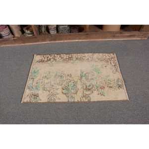 Tapis turc vintage 1.7 X 2.6ft fait à la main en laine bleu beige avec motif abstrait rectangulaire en peluche pour chambre à coucher - Product Image 4